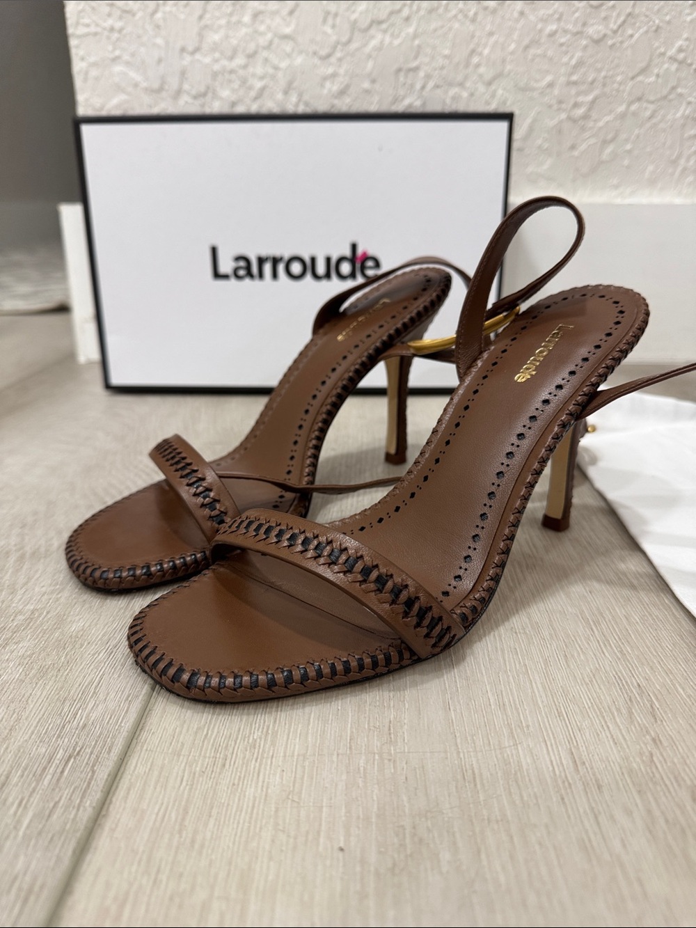 Larroude Brown Leather Stitched Wrap Around  Heeled Sandals - Size 8